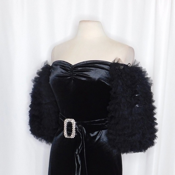 NWT!! ZARA Black Velvet Dress Ruffled Tulle Sleeves Rhinestone Party Cocktail - Picture 8 of 16